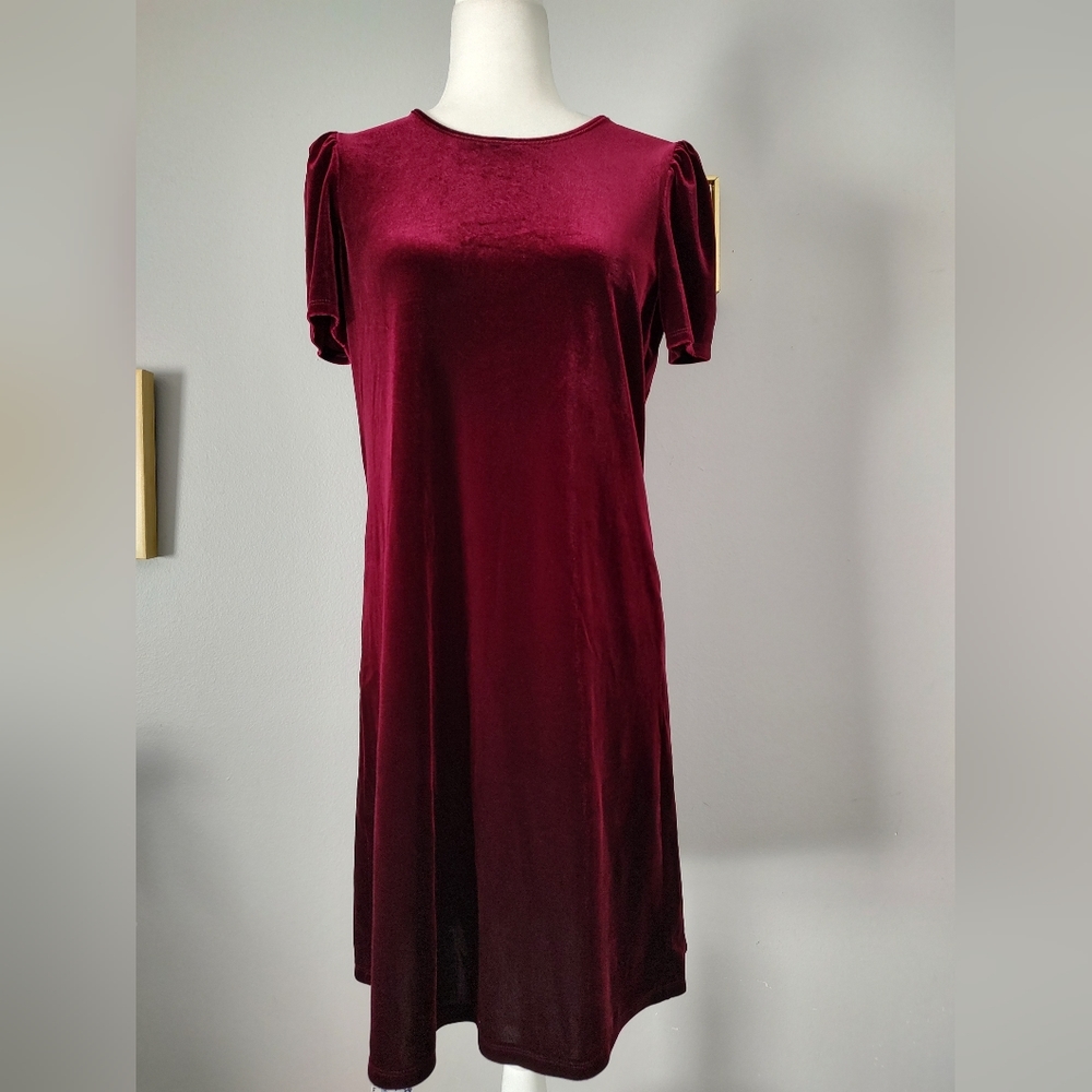 Anne Klein Women dress  size 4  velvet burgundy  Midi Pull On Short Sleeves